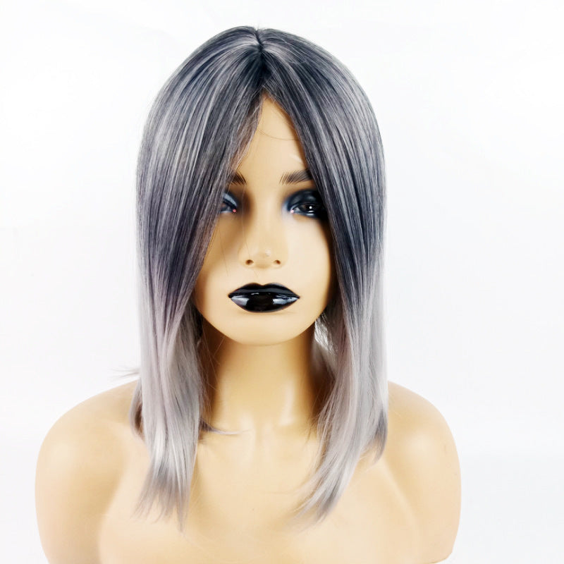 European and American Style Wig for Women, African Fashion Black Gradient Brown Bob, Middle Part Short Straight Hair, Synthetic Fiber Wig for Women, In Stock