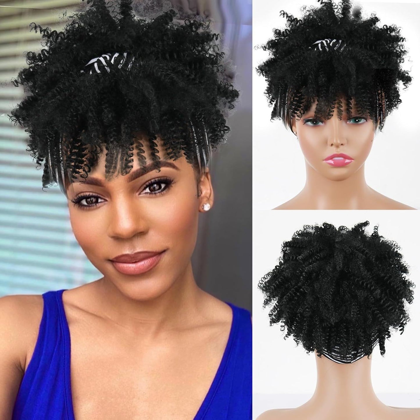 Amazon New Small Curly Hair Turban Wig Synthetic Wig with Bangs Fluffy Short Curly Hair Cap