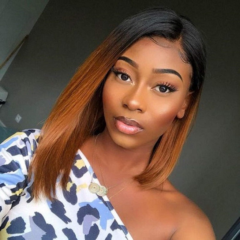 European and American Style Wig for Women, African Fashion Black Gradient Brown Bob, Middle Part Short Straight Hair, Synthetic Fiber Wig for Women, In Stock