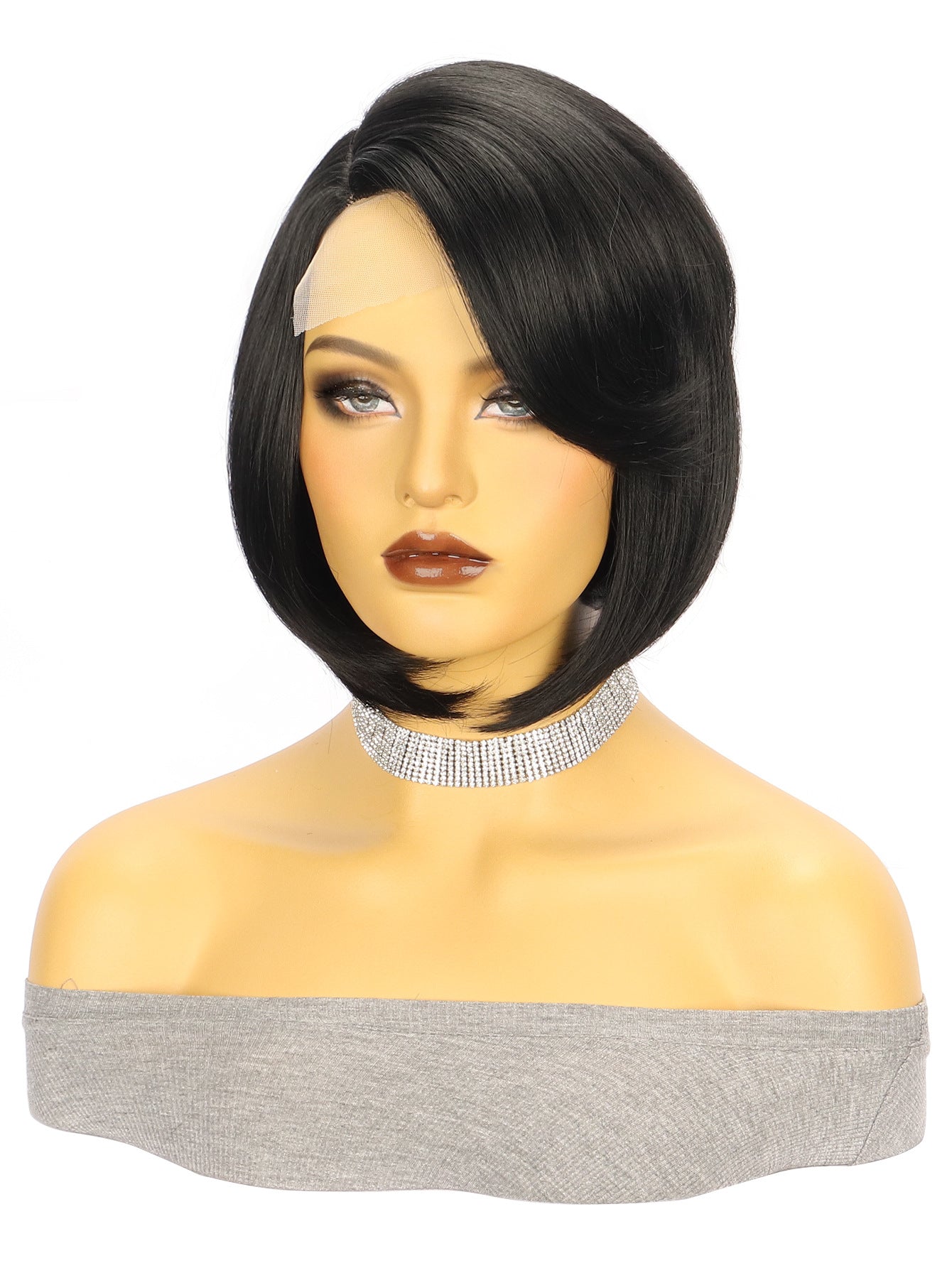 Wig European and American Fashion Wig Women's Small Lace Side Part Synthetic Hair Wig Black Short Straight Hair