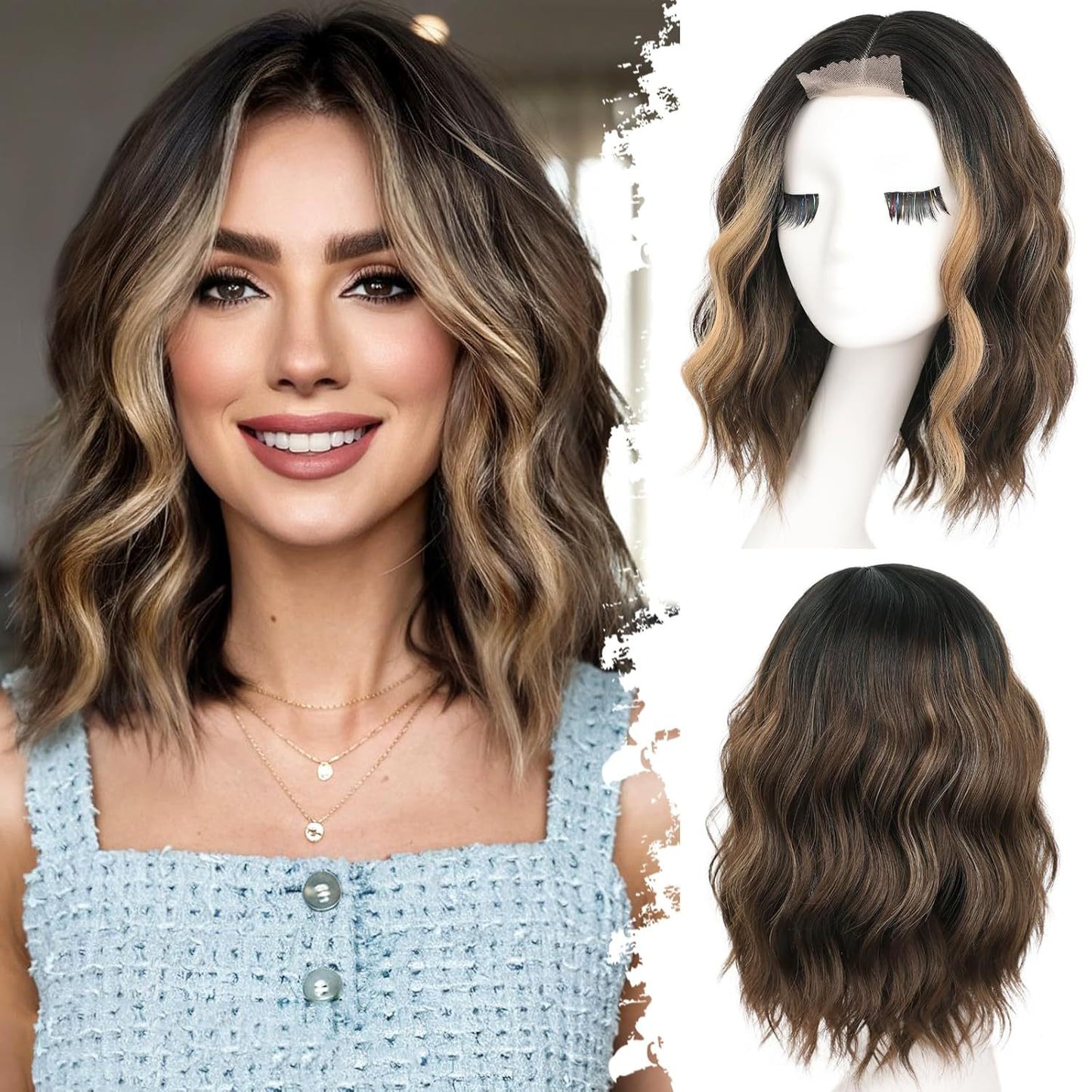 Amazon Hot-Selling Small Lace Synthetic Hair Wig Water Wave Short Curly Wig In Stock Direct Sale Wig