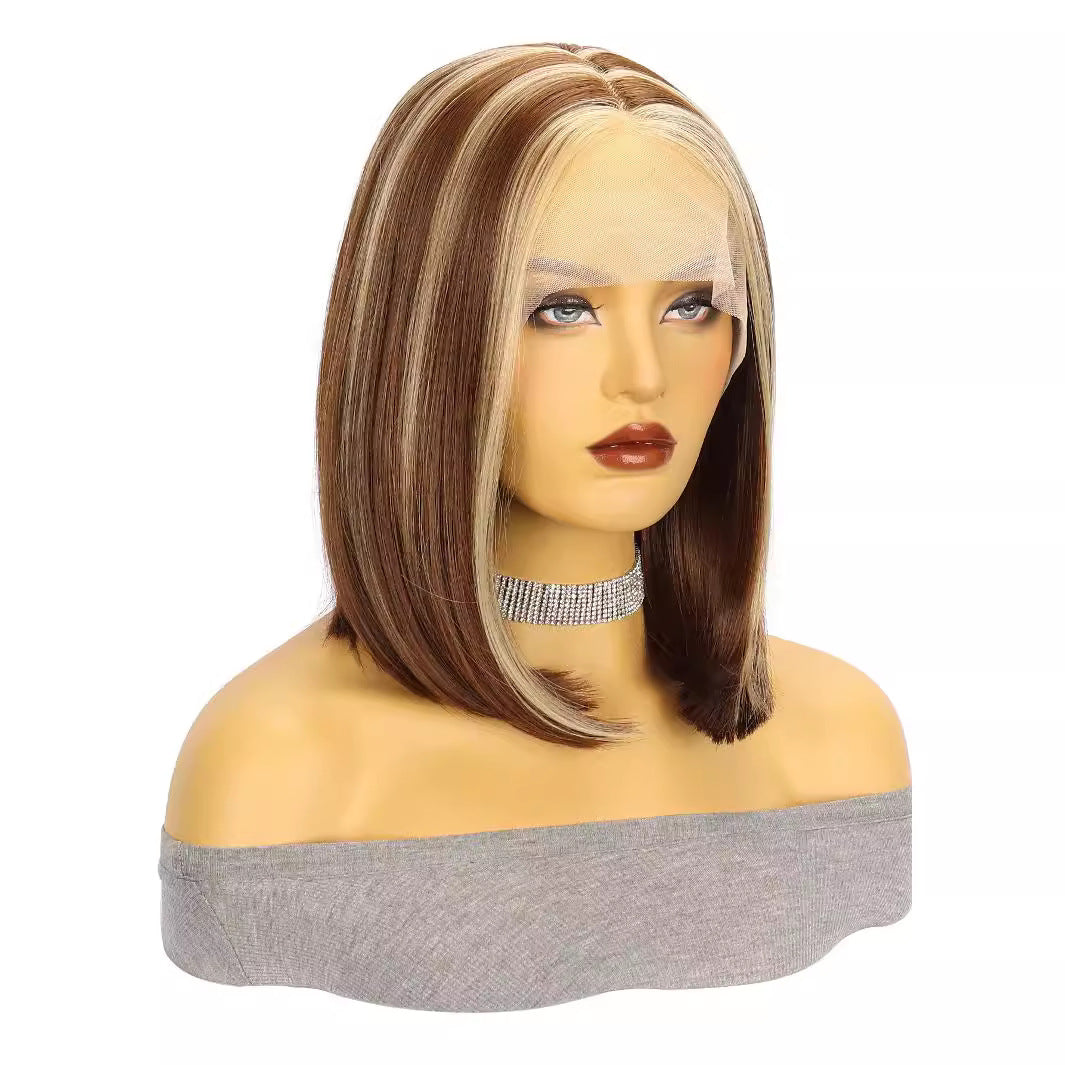 Piano color wig European and American Fashion Wig T Front Lace Synthetic Hair Cap Medium-length Straight Hair with Middle Part bob