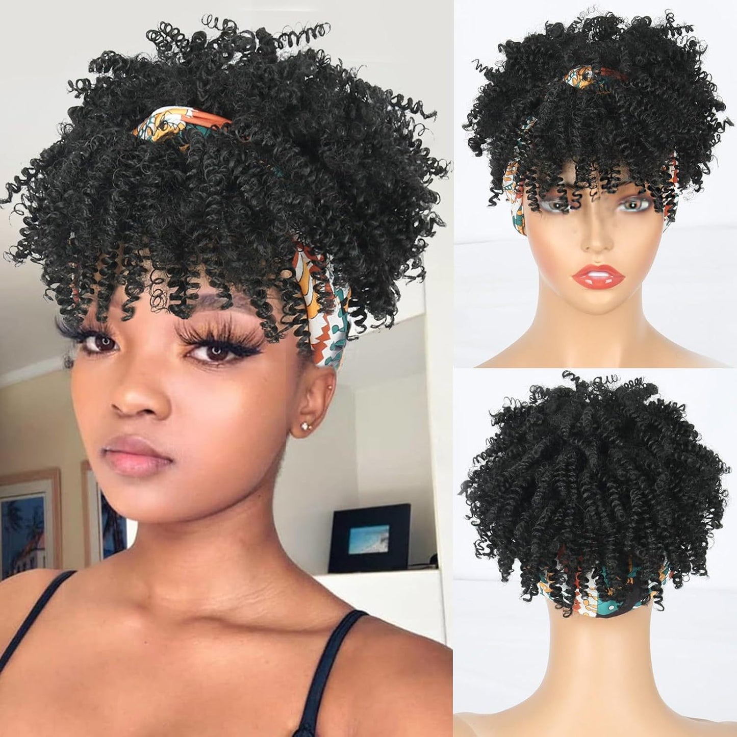 Amazon New Small Curly Hair Turban Wig Synthetic Wig with Bangs Fluffy Short Curly Hair Cap