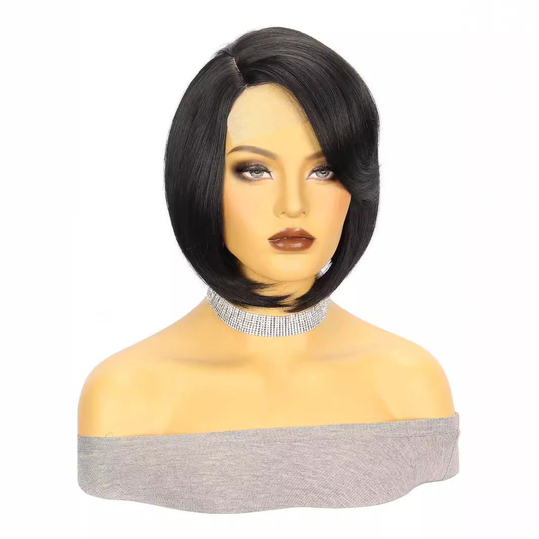 Wig European and American Fashion Wig Women's Small Lace Side Part Synthetic Hair Wig Black Short Straight Hair