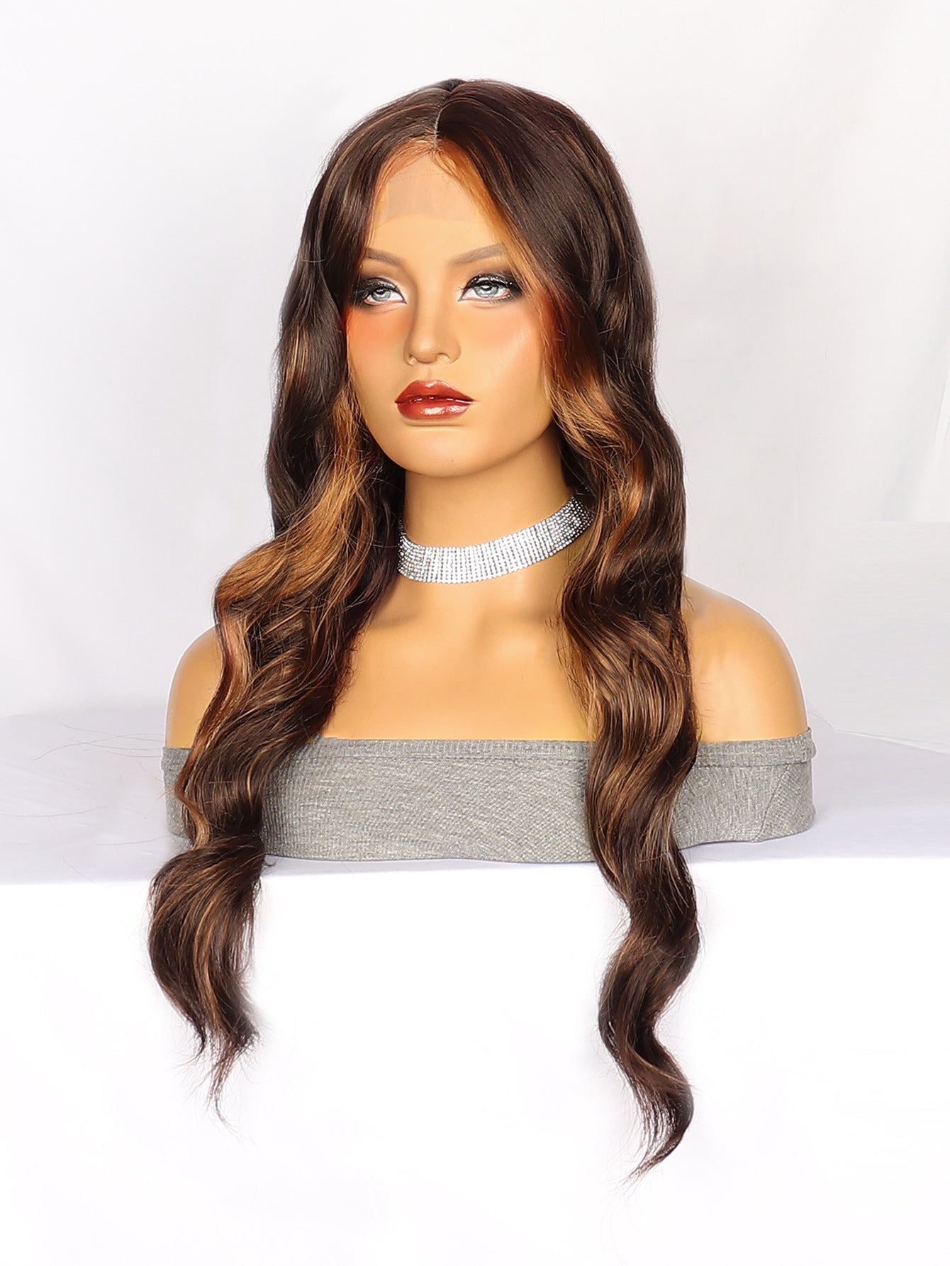 Side Part Lace Wig Brown Highlight Long Curly Hair Women's Synthetic Wig