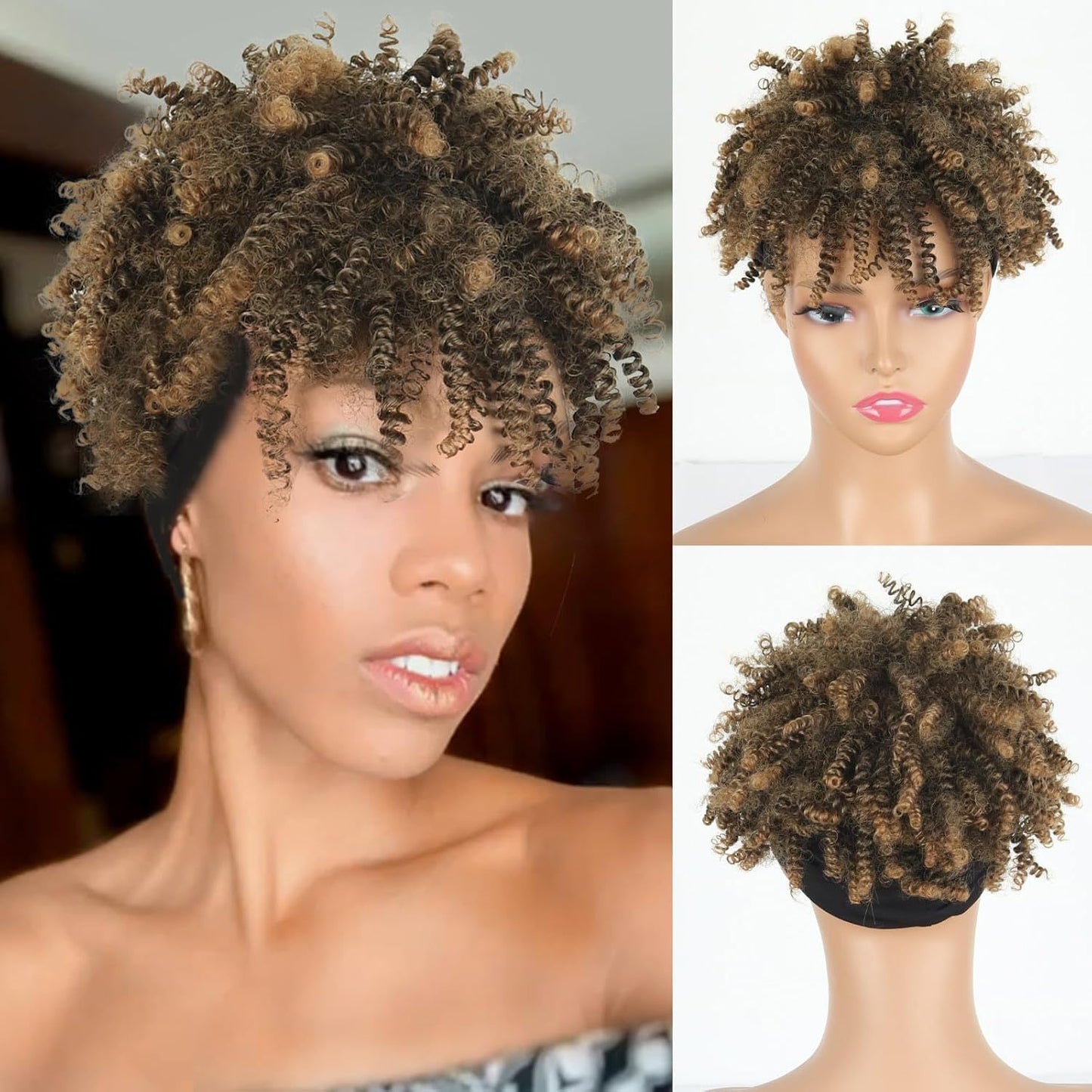 Amazon New Small Curly Hair Turban Wig Synthetic Wig with Bangs Fluffy Short Curly Hair Cap