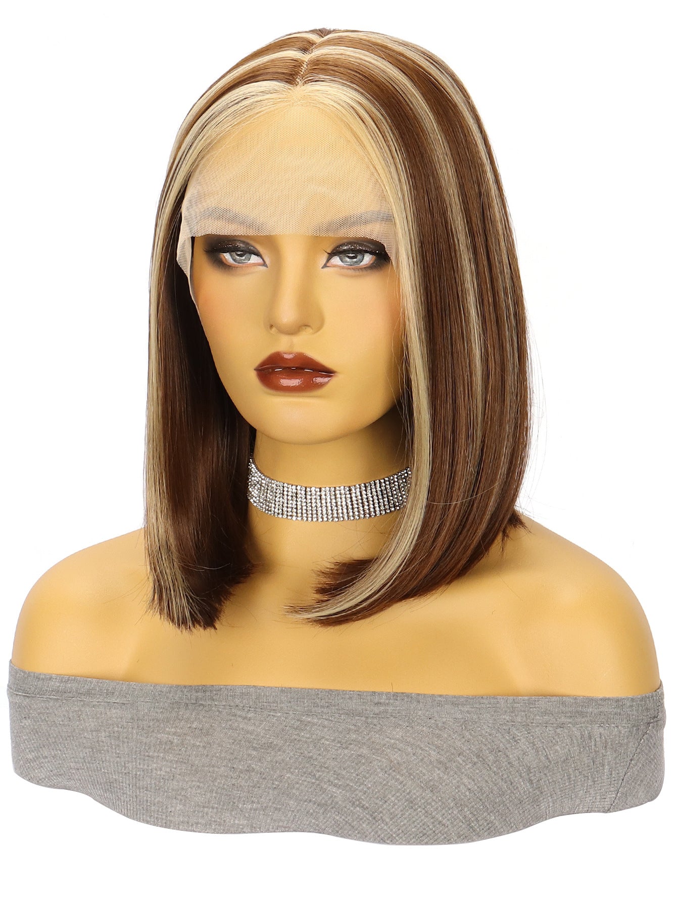 Piano color wig European and American Fashion Wig T Front Lace Synthetic Hair Cap Medium-length Straight Hair with Middle Part bob