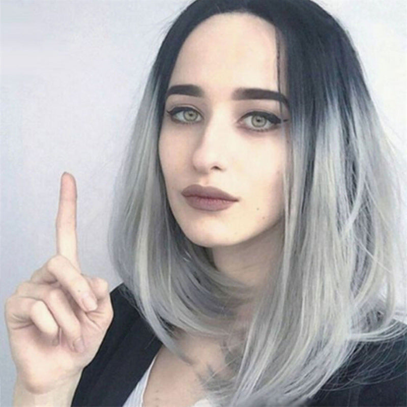 European and American Style Wig for Women, African Fashion Black Gradient Brown Bob, Middle Part Short Straight Hair, Synthetic Fiber Wig for Women, In Stock