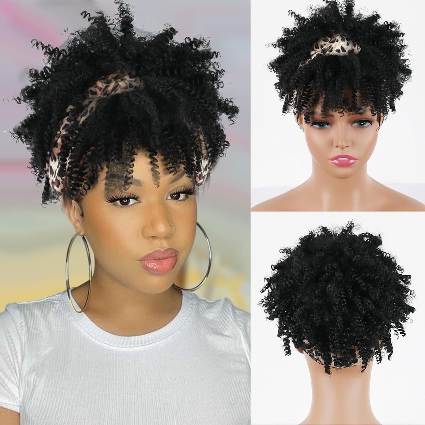 Amazon New Small Curly Hair Turban Wig Synthetic Wig with Bangs Fluffy Short Curly Hair Cap
