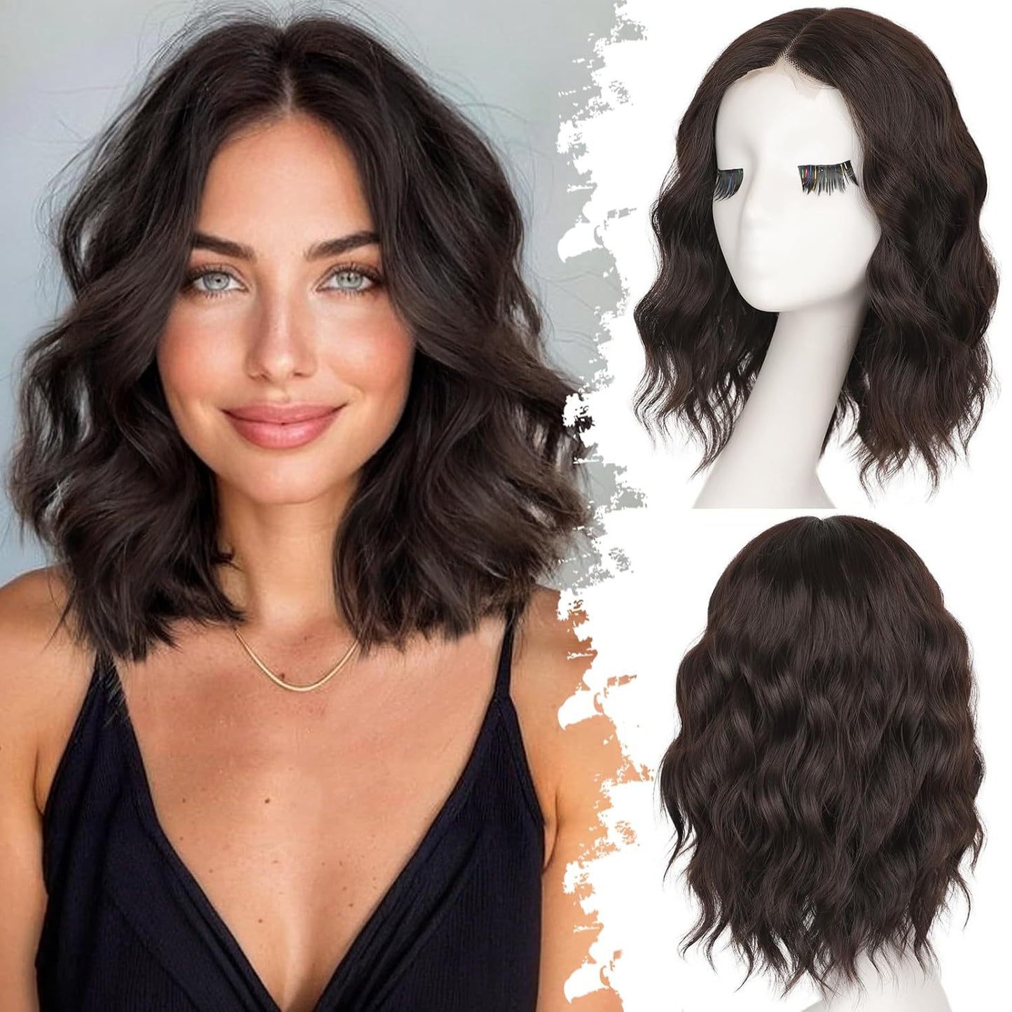 Amazon Hot-Selling Small Lace Synthetic Hair Wig Water Wave Short Curly Wig In Stock Direct Sale Wig