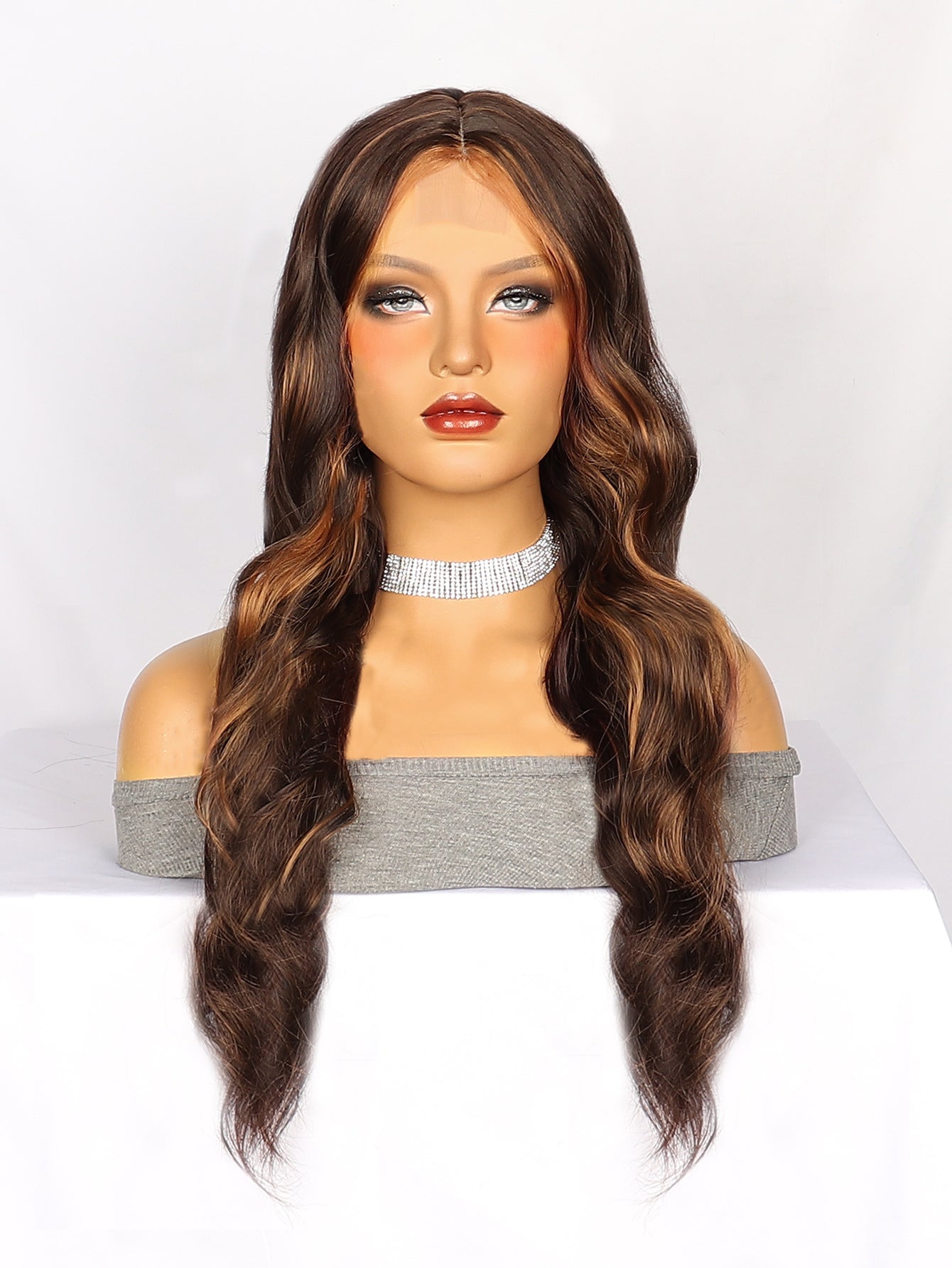 Side Part Lace Wig Brown Highlight Long Curly Hair Women's Synthetic Wig