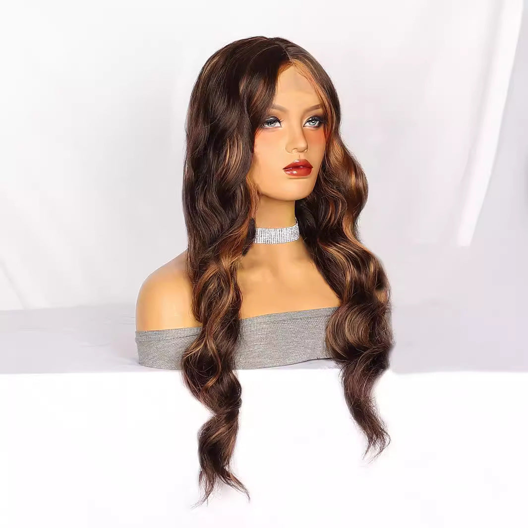 Side Part Lace Wig Brown Highlight Long Curly Hair Women's Synthetic Wig