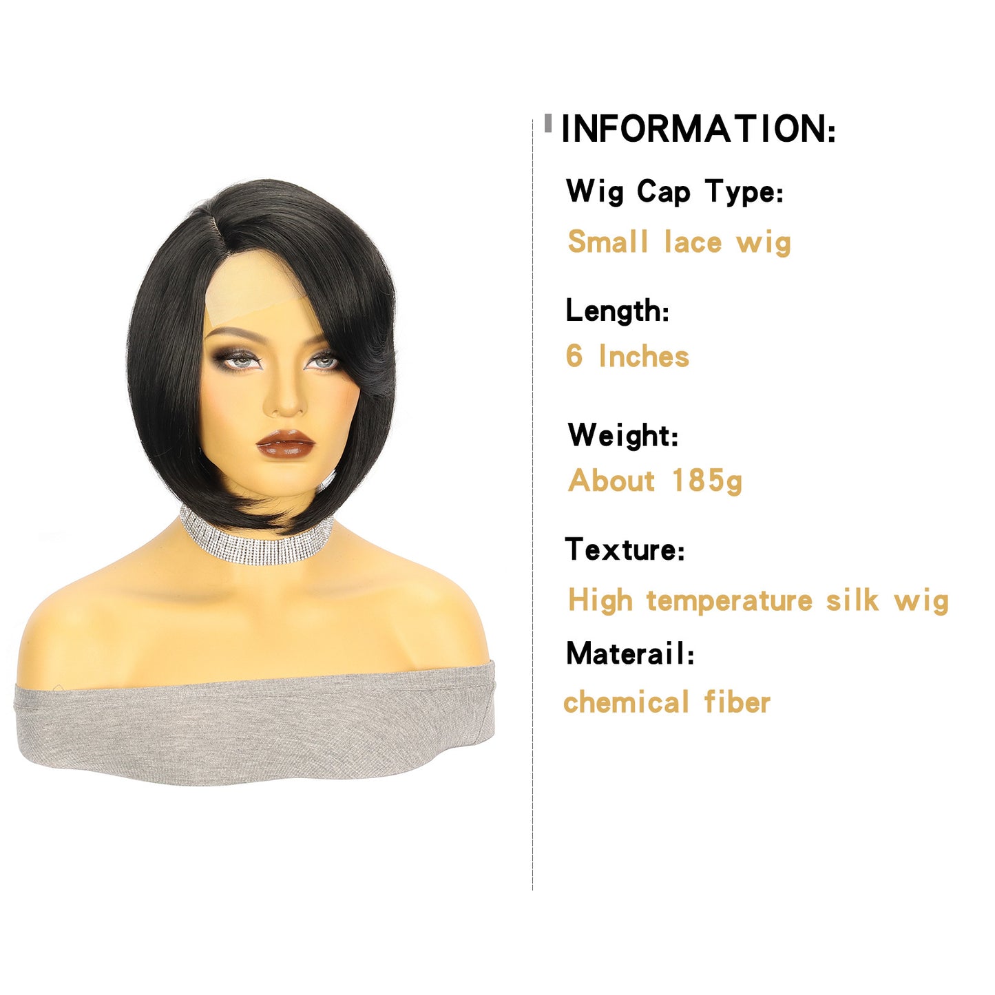 Wig European and American Fashion Wig Women's Small Lace Side Part Synthetic Hair Wig Black Short Straight Hair