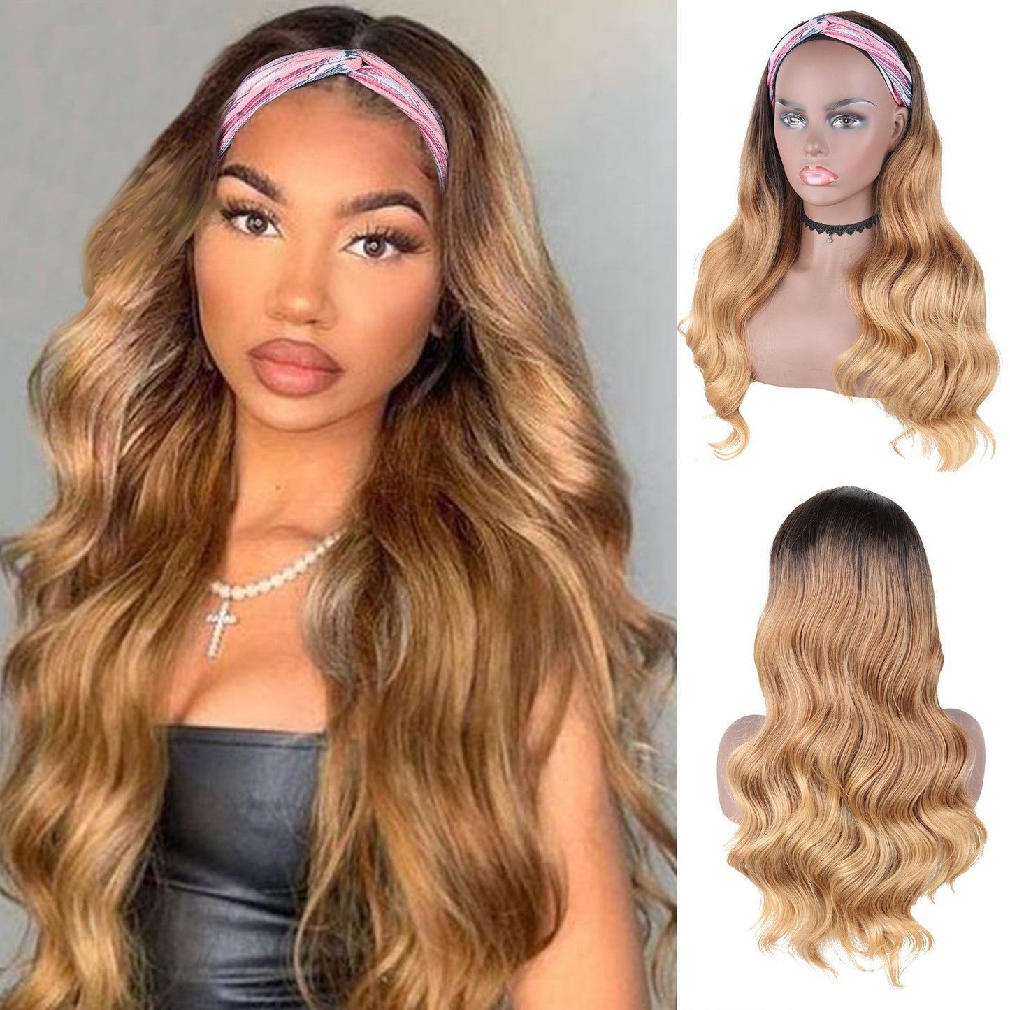 European and American Style Women's Long Curly Hair Wig with Ice Silk Headband High Temperature Wire Manufacturer In Stock body wigs