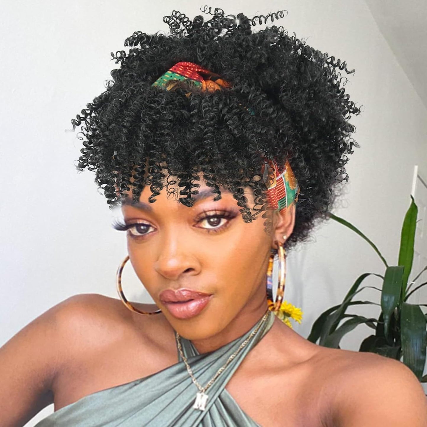 Amazon New Small Curly Hair Turban Wig Synthetic Wig with Bangs Fluffy Short Curly Hair Cap