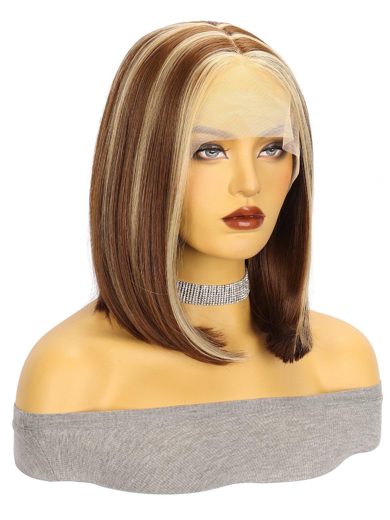 Piano color wig European and American Fashion Wig T Front Lace Synthetic Hair Cap Medium-length Straight Hair with Middle Part bob