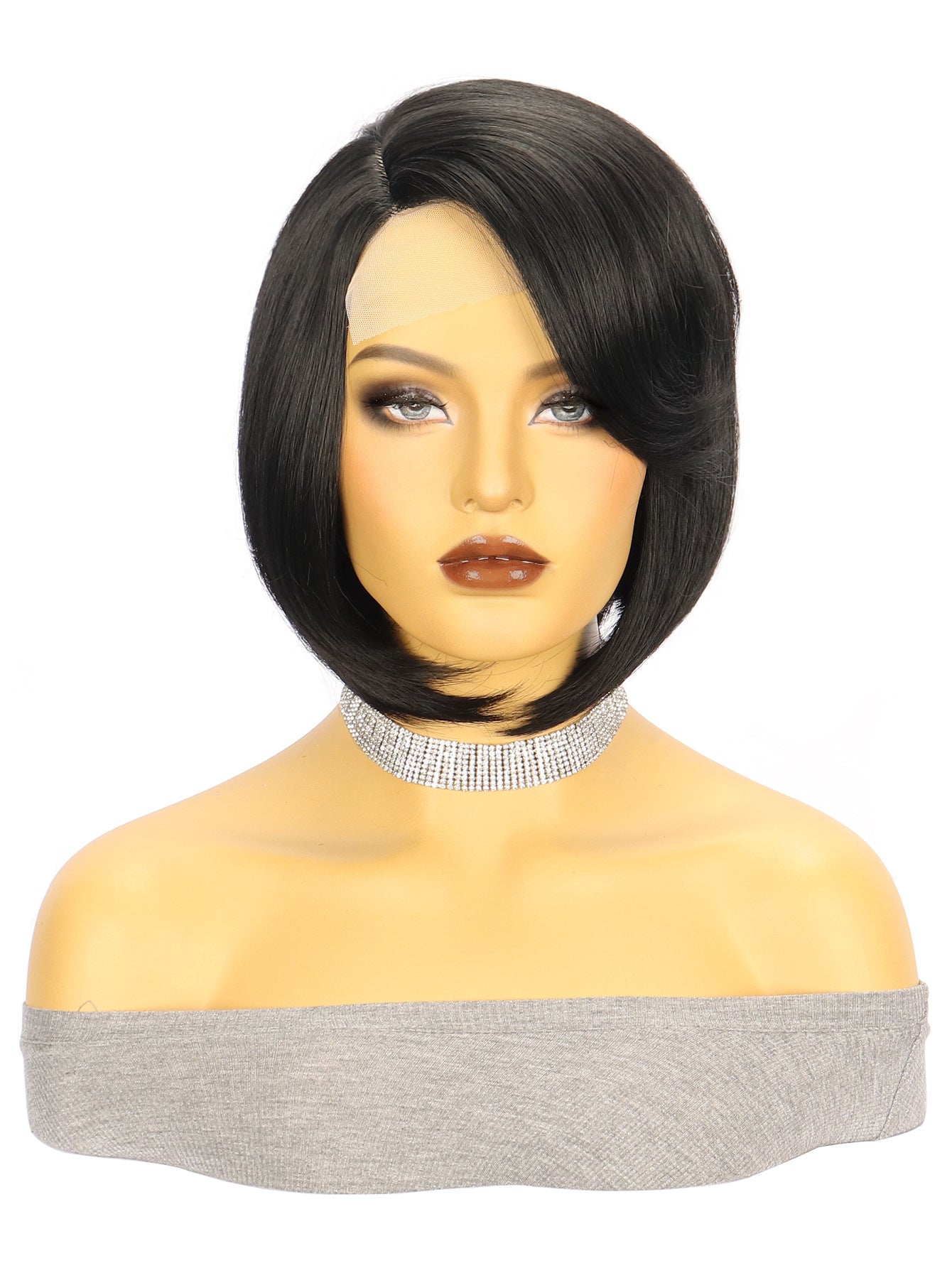Wig European and American Fashion Wig Women's Small Lace Side Part Synthetic Hair Wig Black Short Straight Hair