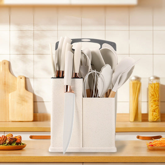 Silicone kitchenware 19-piece set, non-stick pan, silicone spatula, spoon, kitchen utensils, knife suit with storage bucket