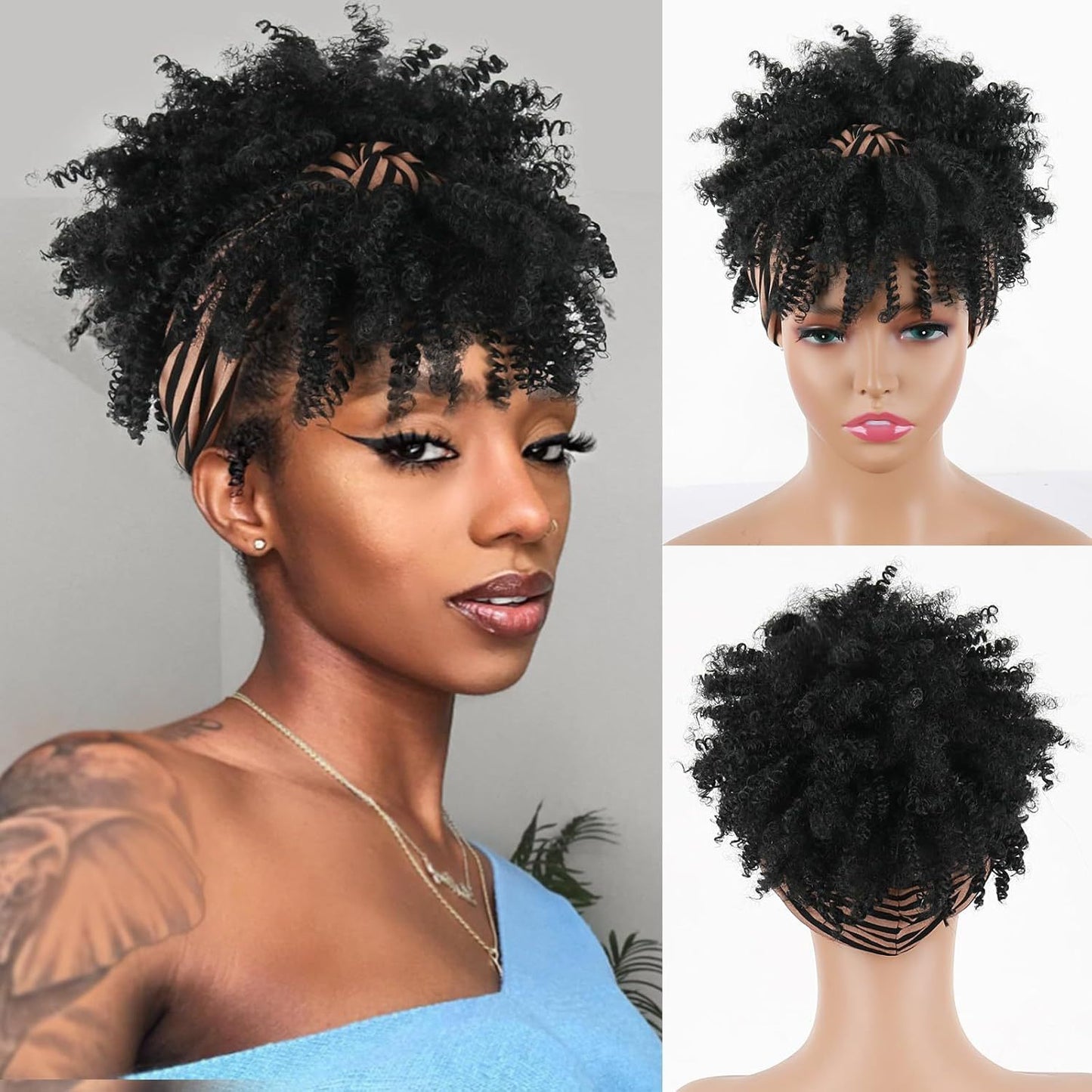 Amazon New Small Curly Hair Turban Wig Synthetic Wig with Bangs Fluffy Short Curly Hair Cap