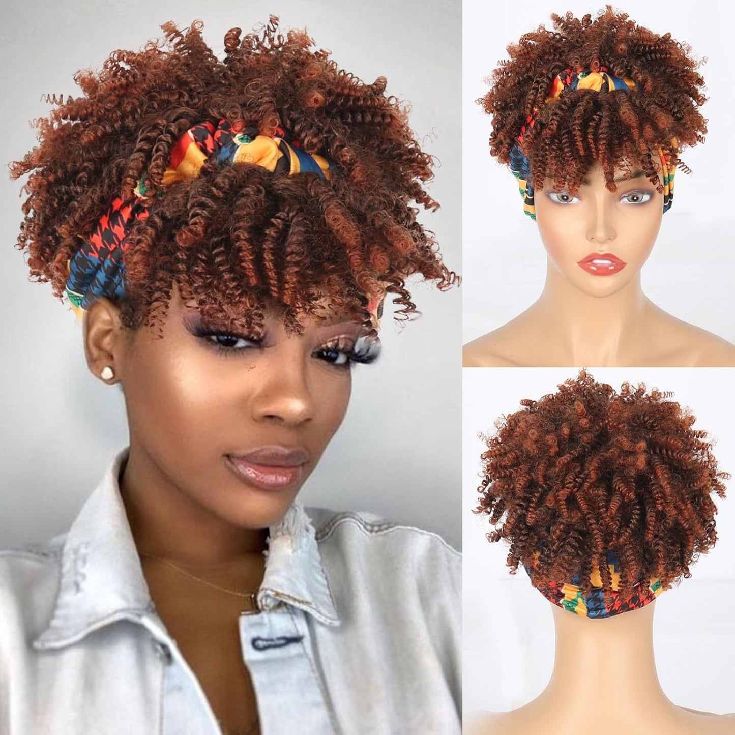 Amazon New Small Curly Hair Turban Wig Synthetic Wig with Bangs Fluffy Short Curly Hair Cap