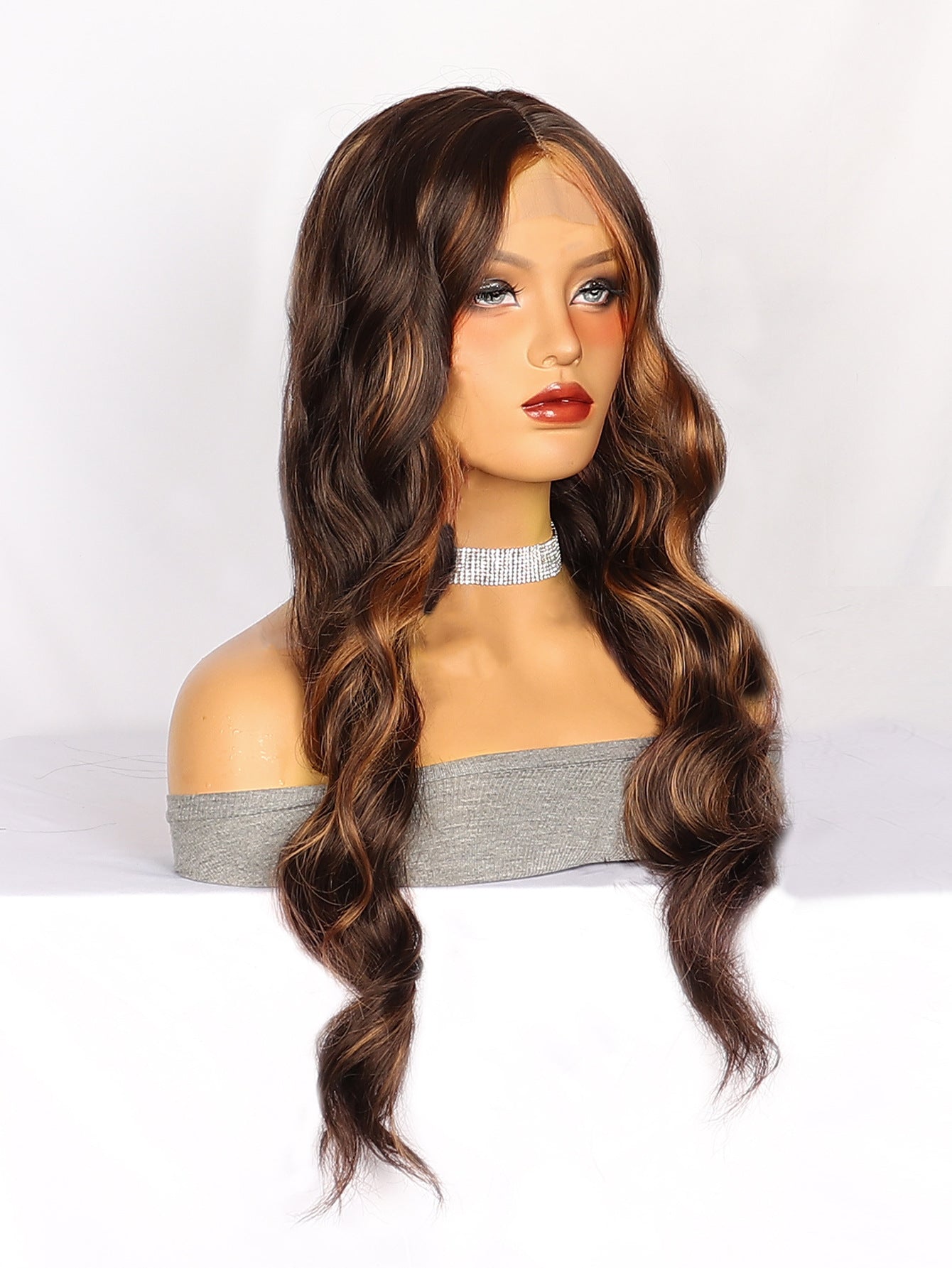 Side Part Lace Wig Brown Highlight Long Curly Hair Women's Synthetic Wig