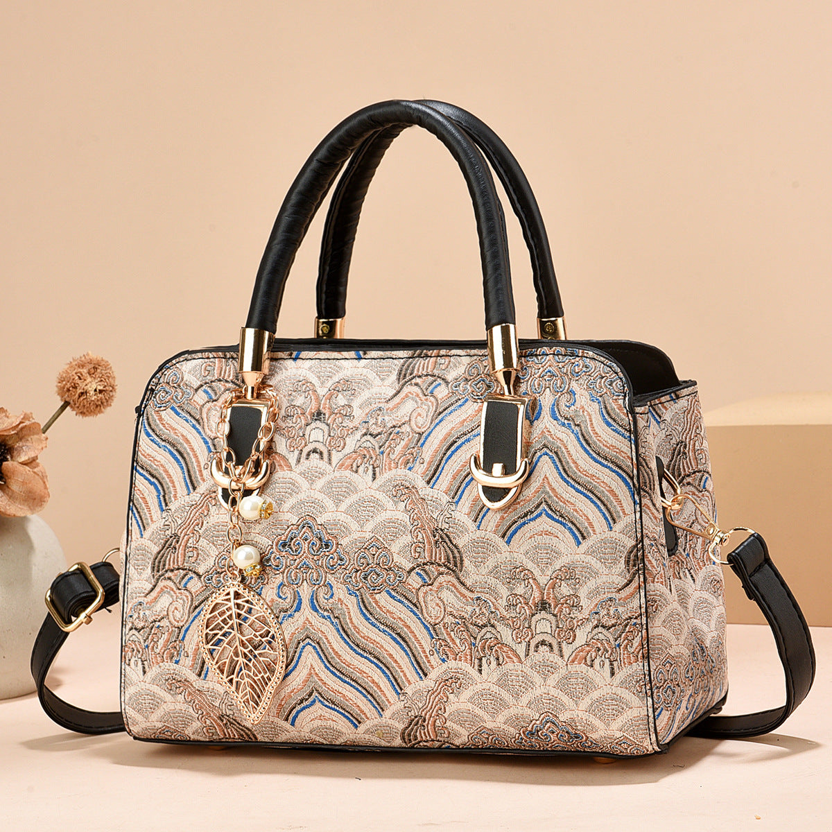 Women's Summer New Chinese Style Fashion Handbag Printed Single Shoulder Crossbody Large Capacity Mom Bag