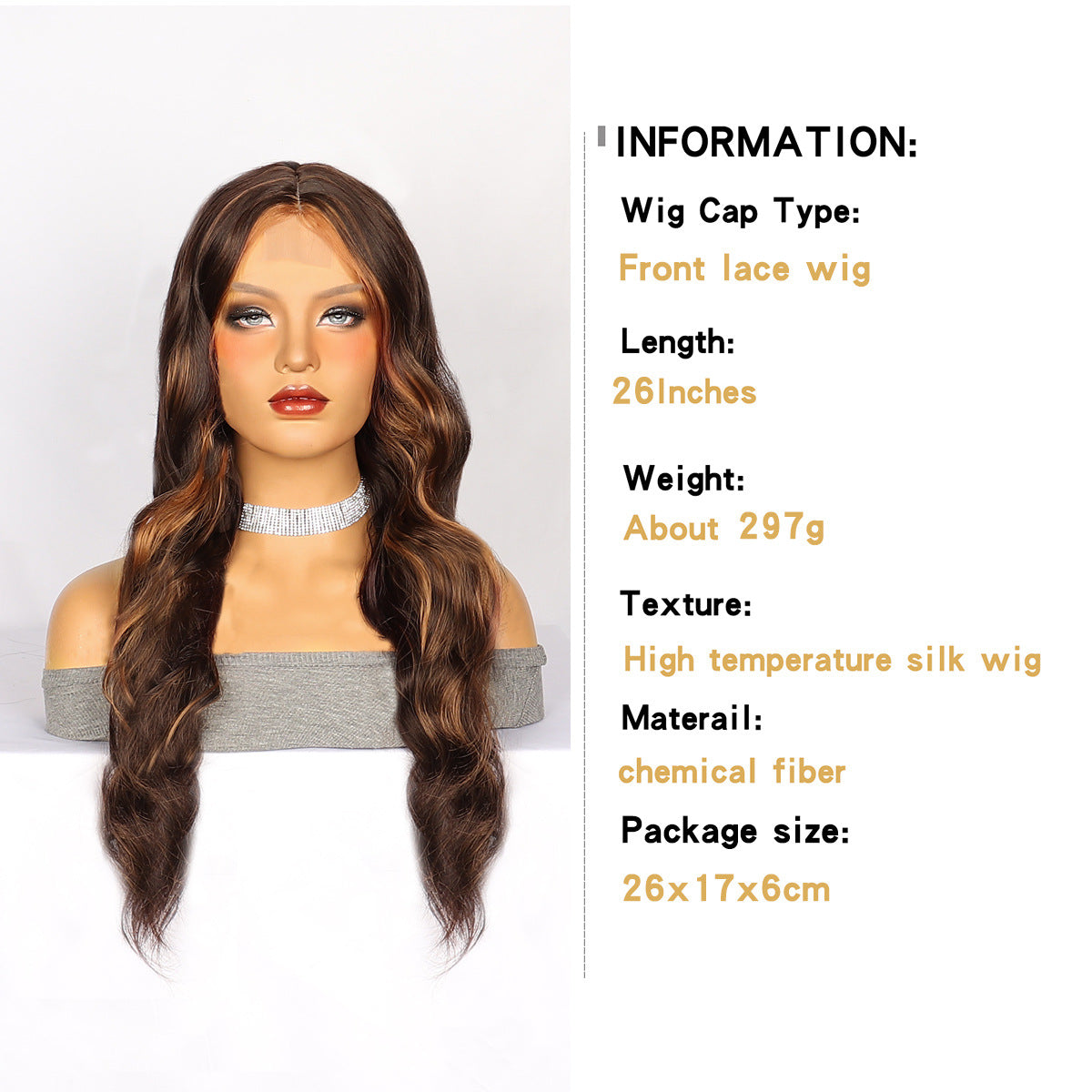 Side Part Lace Wig Brown Highlight Long Curly Hair Women's Synthetic Wig