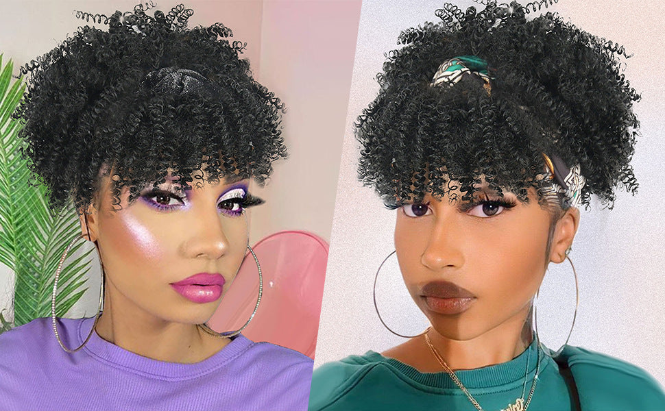 Amazon New Small Curly Hair Turban Wig Synthetic Wig with Bangs Fluffy Short Curly Hair Cap