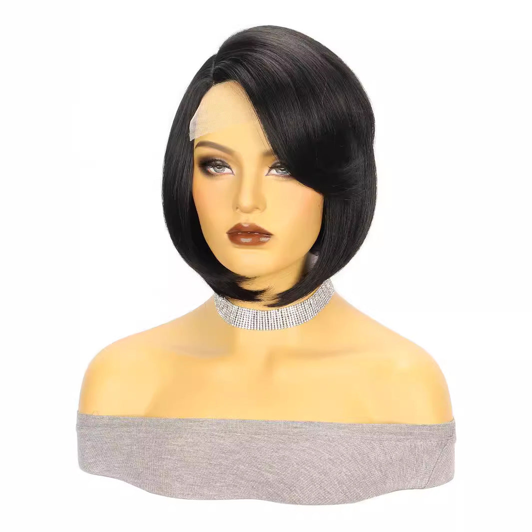 Wig European and American Fashion Wig Women's Small Lace Side Part Synthetic Hair Wig Black Short Straight Hair