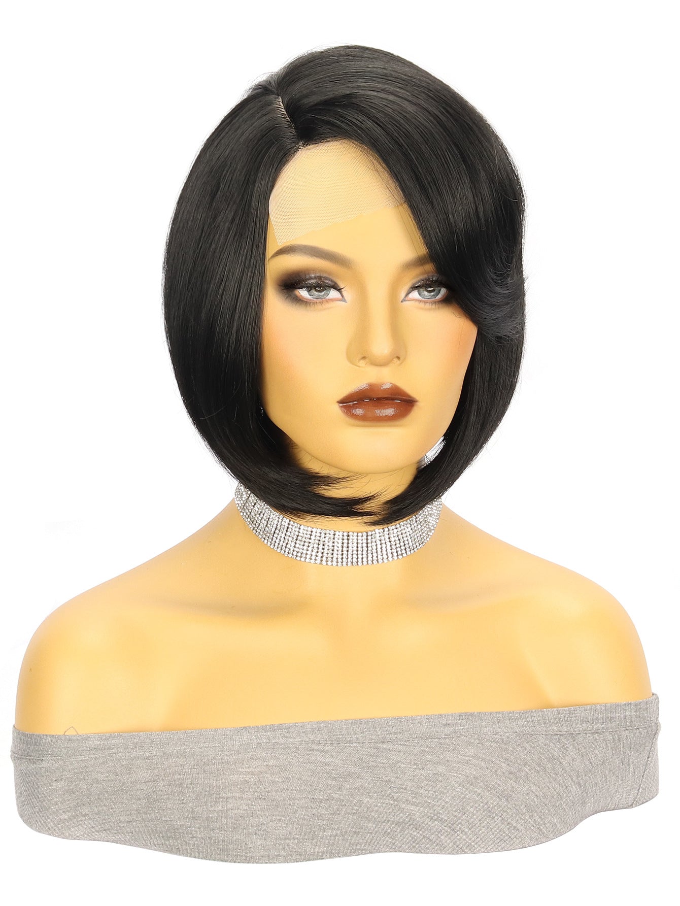 Wig European and American Fashion Wig Women's Small Lace Side Part Synthetic Hair Wig Black Short Straight Hair