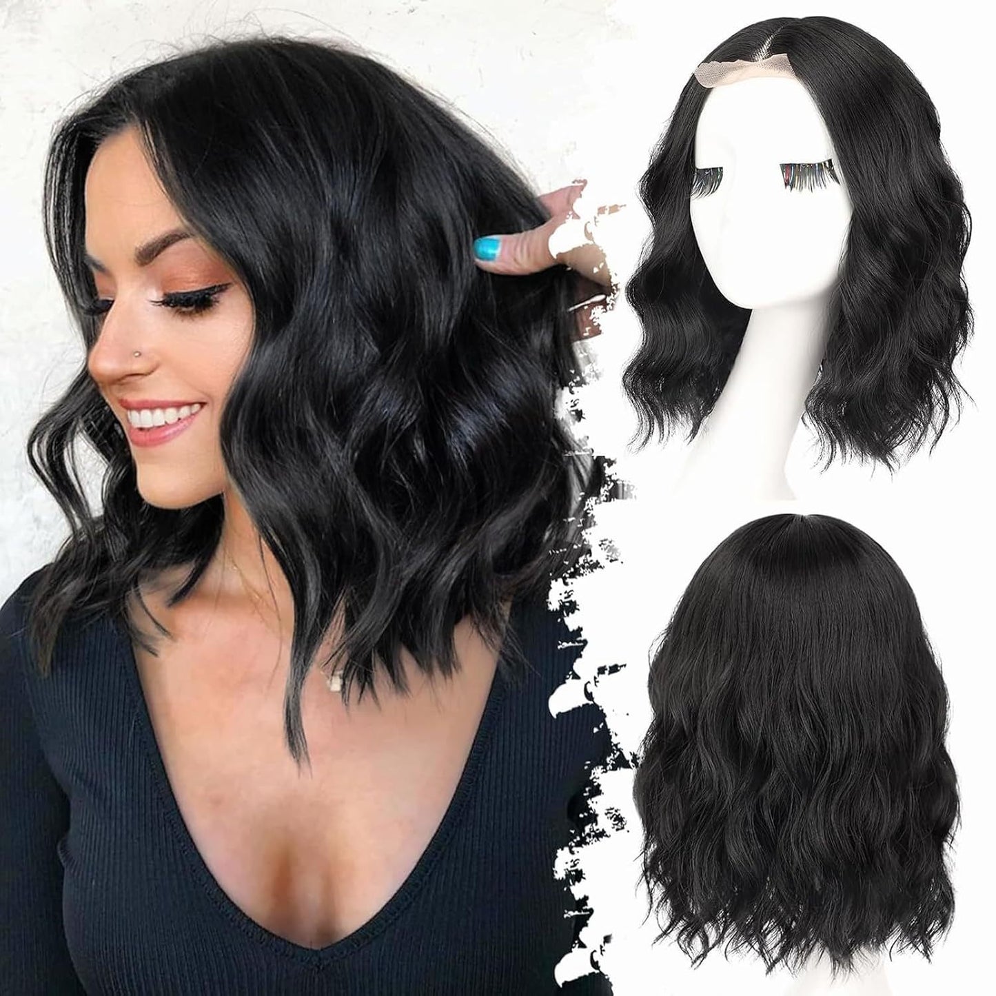 Amazon Hot-Selling Small Lace Synthetic Hair Wig Water Wave Short Curly Wig In Stock Direct Sale Wig