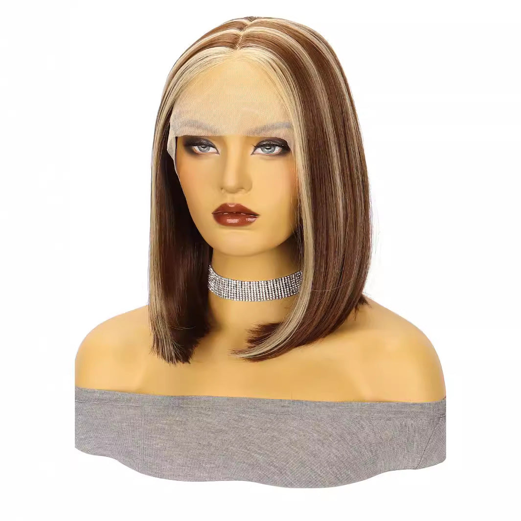 Piano color wig European and American Fashion Wig T Front Lace Synthetic Hair Cap Medium-length Straight Hair with Middle Part bob