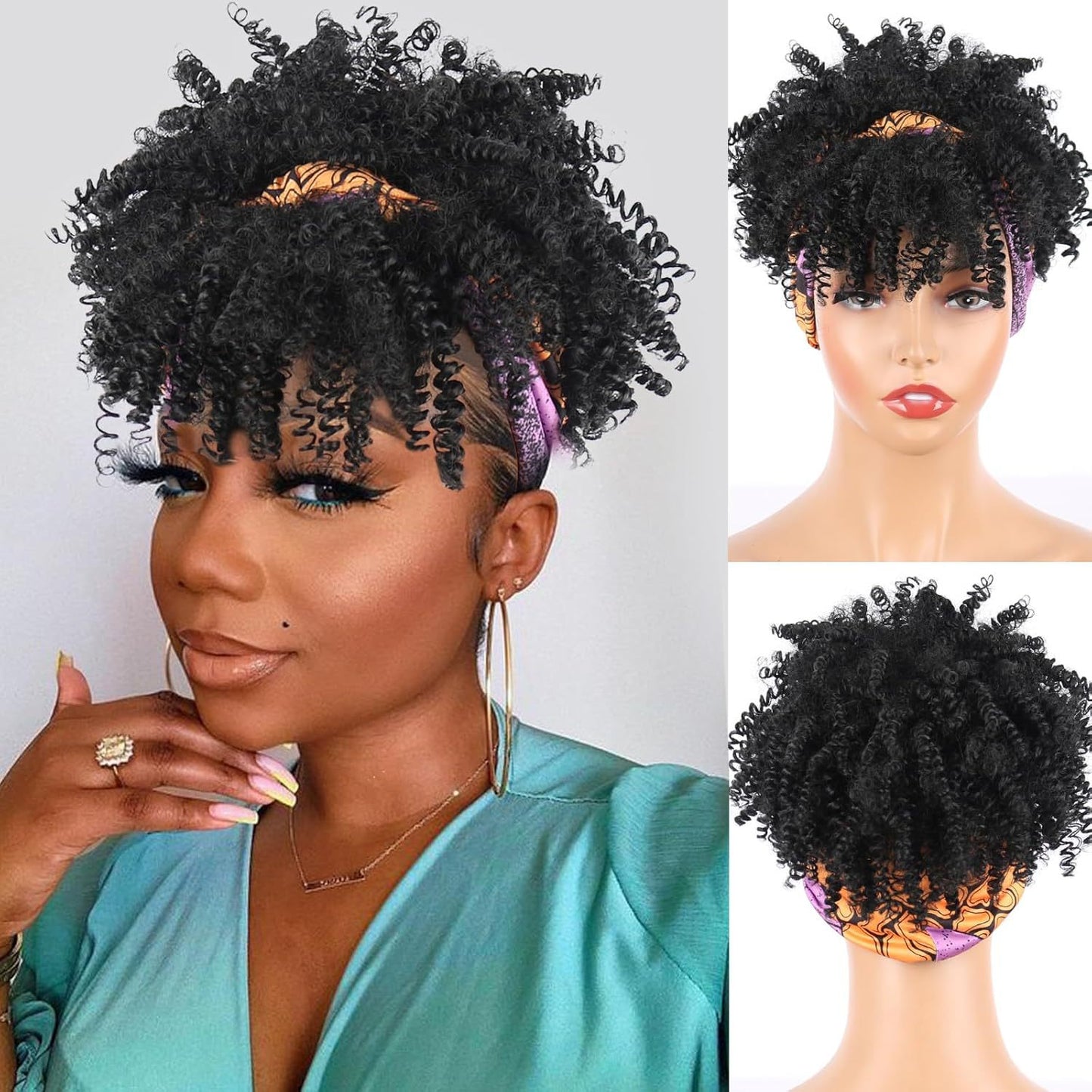 Amazon New Small Curly Hair Turban Wig Synthetic Wig with Bangs Fluffy Short Curly Hair Cap