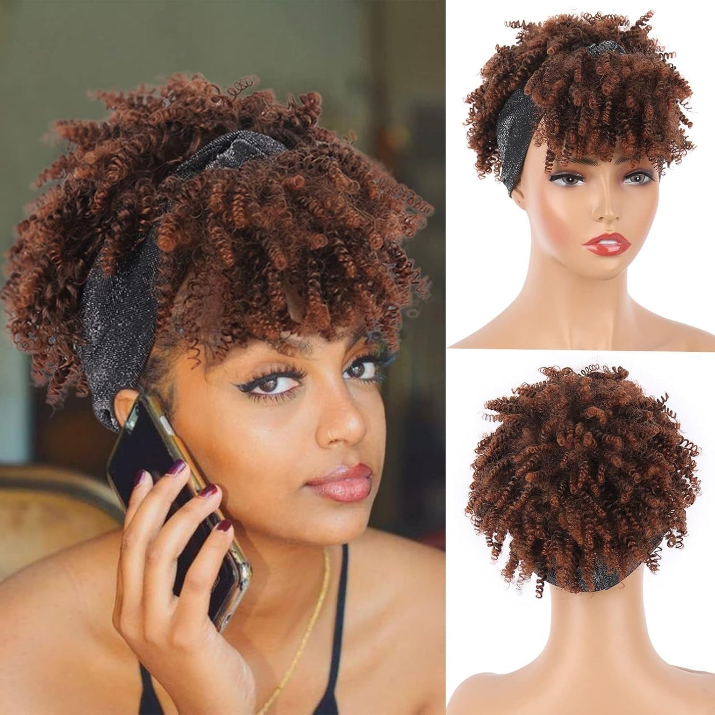 Amazon New Small Curly Hair Turban Wig Synthetic Wig with Bangs Fluffy Short Curly Hair Cap
