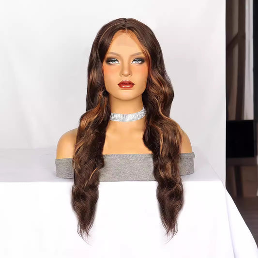Side Part Lace Wig Brown Highlight Long Curly Hair Women's Synthetic Wig