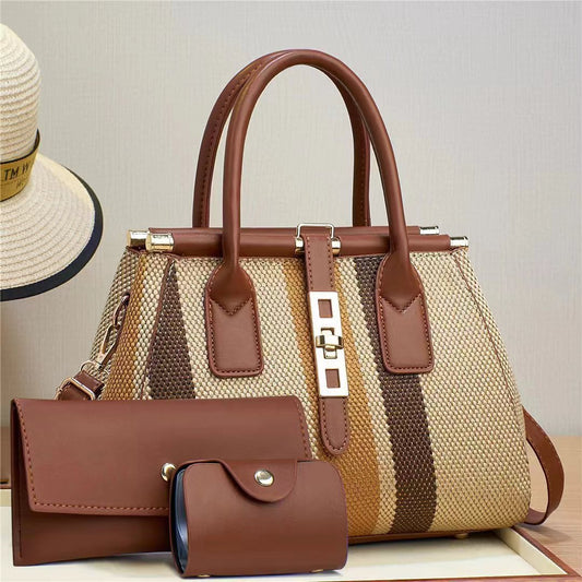 Women's Winter New Fashion Trendy Three-Piece Set Mother-Daughter Bag Large Capacity Color Block Crossbody Handbag Shoulder Bag