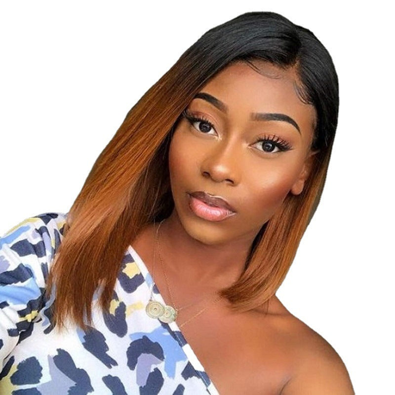 European and American Style Wig for Women, African Fashion Black Gradient Brown Bob, Middle Part Short Straight Hair, Synthetic Fiber Wig for Women, In Stock