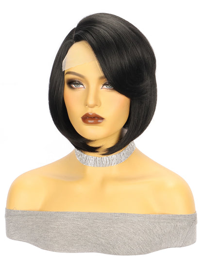 Wig European and American Fashion Wig Women's Small Lace Side Part Synthetic Hair Wig Black Short Straight Hair