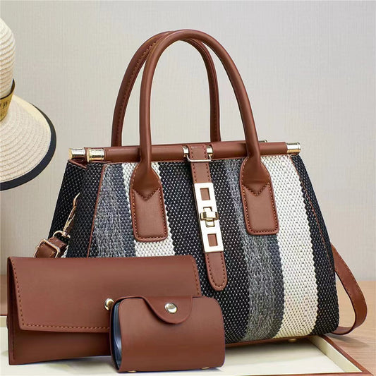 Women's Winter New Fashion Trendy Three-Piece Set Mother-Daughter Bag Large Capacity Color Block Crossbody Handbag Shoulder Bag