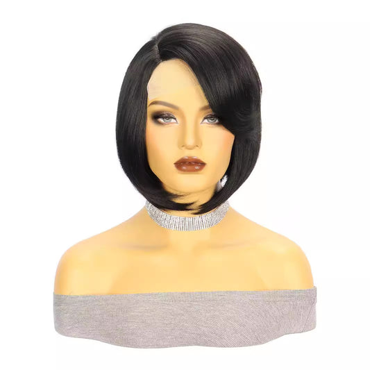Wig European and American Fashion Wig Women's Small Lace Side Part Synthetic Hair Wig Black Short Straight Hair