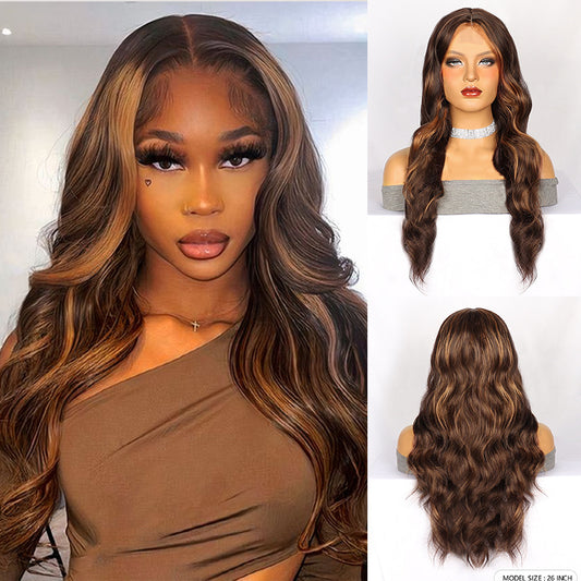Side Part Lace Wig Brown Highlight Long Curly Hair Women's Synthetic Wig