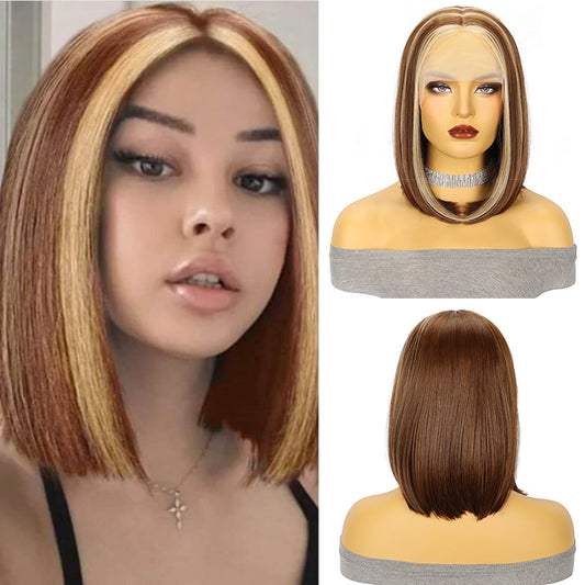 Piano color wig European and American Fashion Wig T Front Lace Synthetic Hair Cap  Medium-length Straight Hair with Middle Part bob