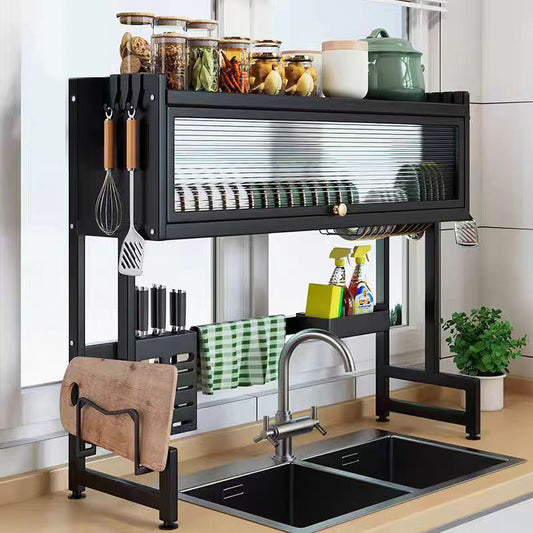 Kitchen sink with cover rack dustproof with cabinet door bowl plate seasoning storage rack pool water control increased drain rack
