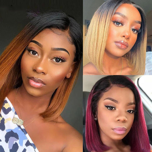 European and American Style Wig for Women, African Fashion Black Gradient Brown Bob, Middle Part Short Straight Hair, Synthetic Fiber Wig for Women, In Stock