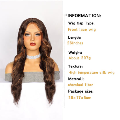 Side Part Lace Wig Brown Highlight Long Curly Hair Women's Synthetic Wig