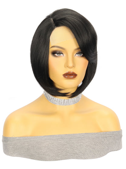 Wig European and American Fashion Wig Women's Small Lace Side Part Synthetic Hair Wig Black Short Straight Hair
