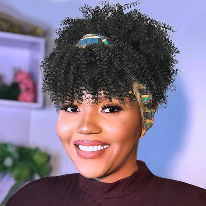 Amazon New Small Curly Hair Turban Wig Synthetic Wig with Bangs Fluffy Short Curly Hair Cap