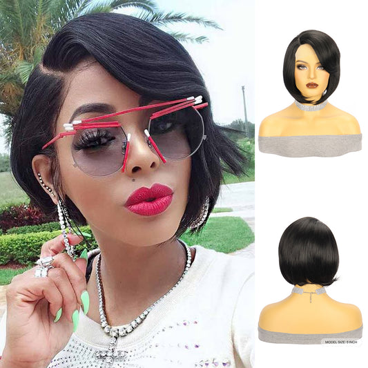 Wig European and American Fashion Wig Women's Small Lace Side Part Synthetic Hair Wig Black Short Straight Hair