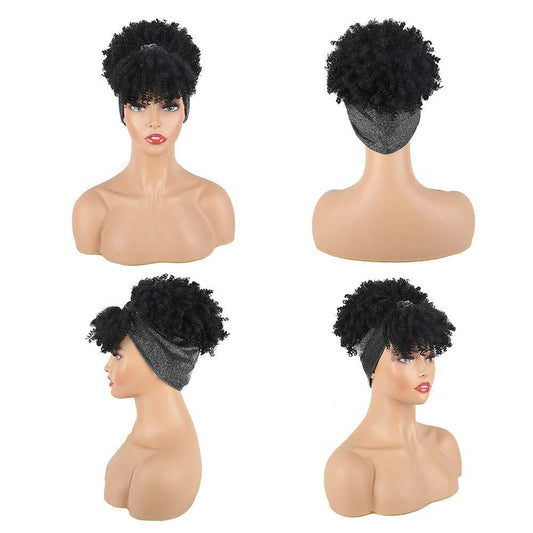 Amazon New Small Curly Hair Turban Wig Synthetic Wig with Bangs Fluffy Short Curly Hair Cap