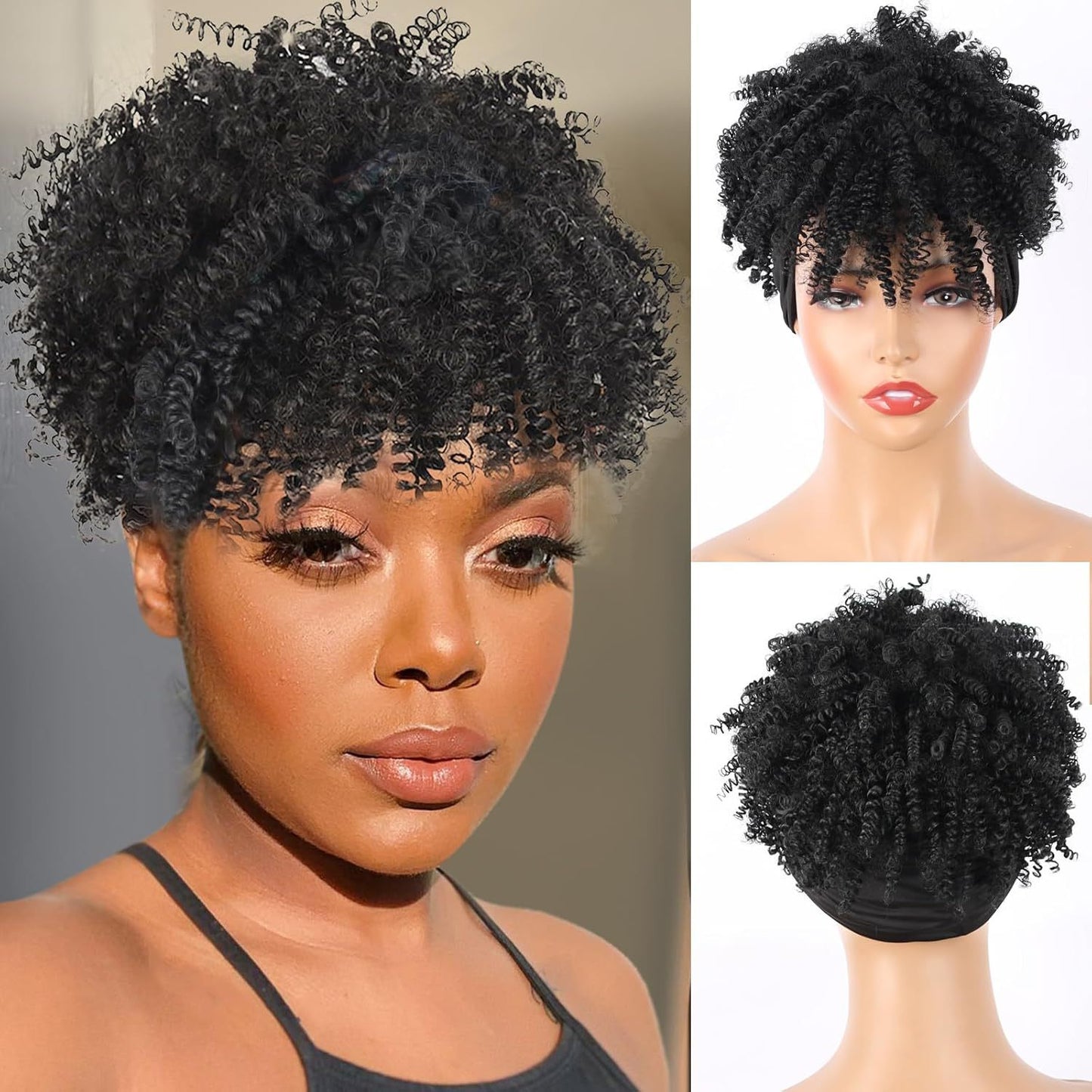 Amazon New Small Curly Hair Turban Wig Synthetic Wig with Bangs Fluffy Short Curly Hair Cap